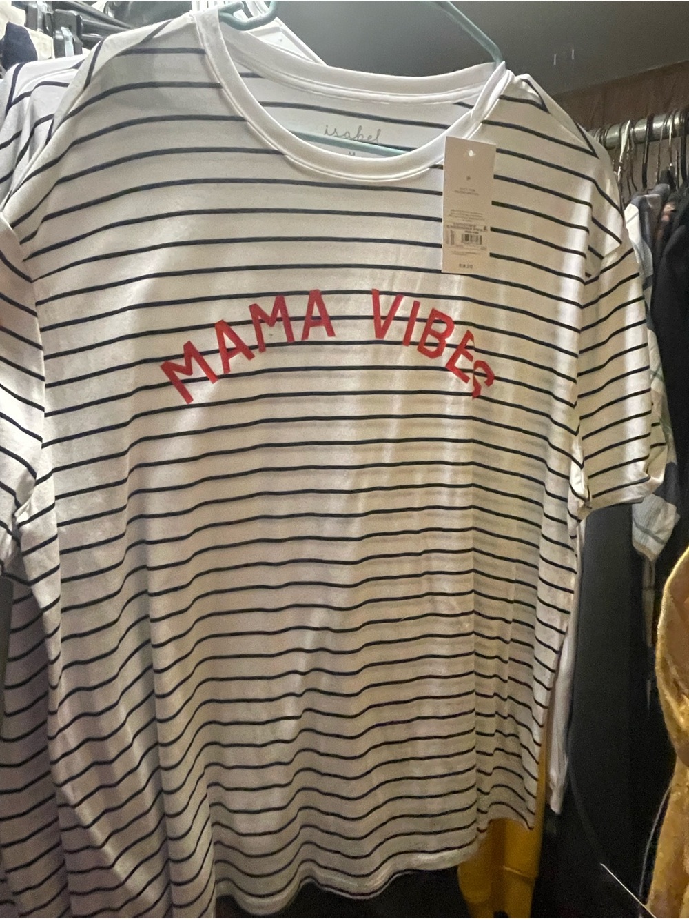 Isabel Striped 'Mama Vibes' Crew Tee in White and Navy with Red Script